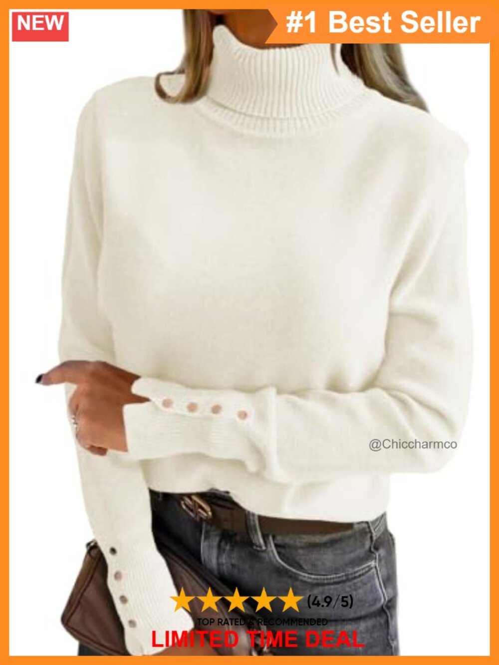 Turtleneck Pullover Sweater Long Sleeve Ribbed Knit Casual Top
